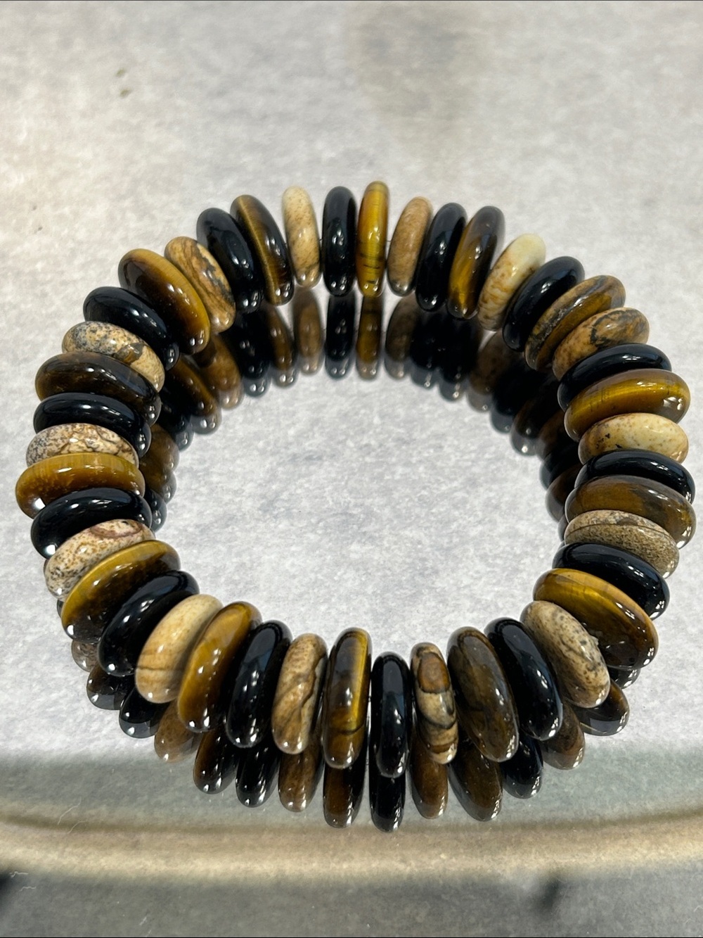 Tiger Eye,Onyx and Jasper Stone Disc Stretch Bracelet